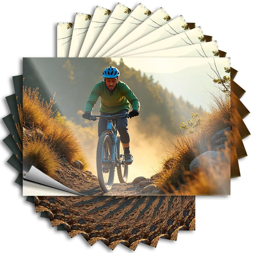 Bathroom Sets Helmet Decal | Rider On Mountain Bike Trail At Sunset. Motivational for Colorful Decor(8X12CM)