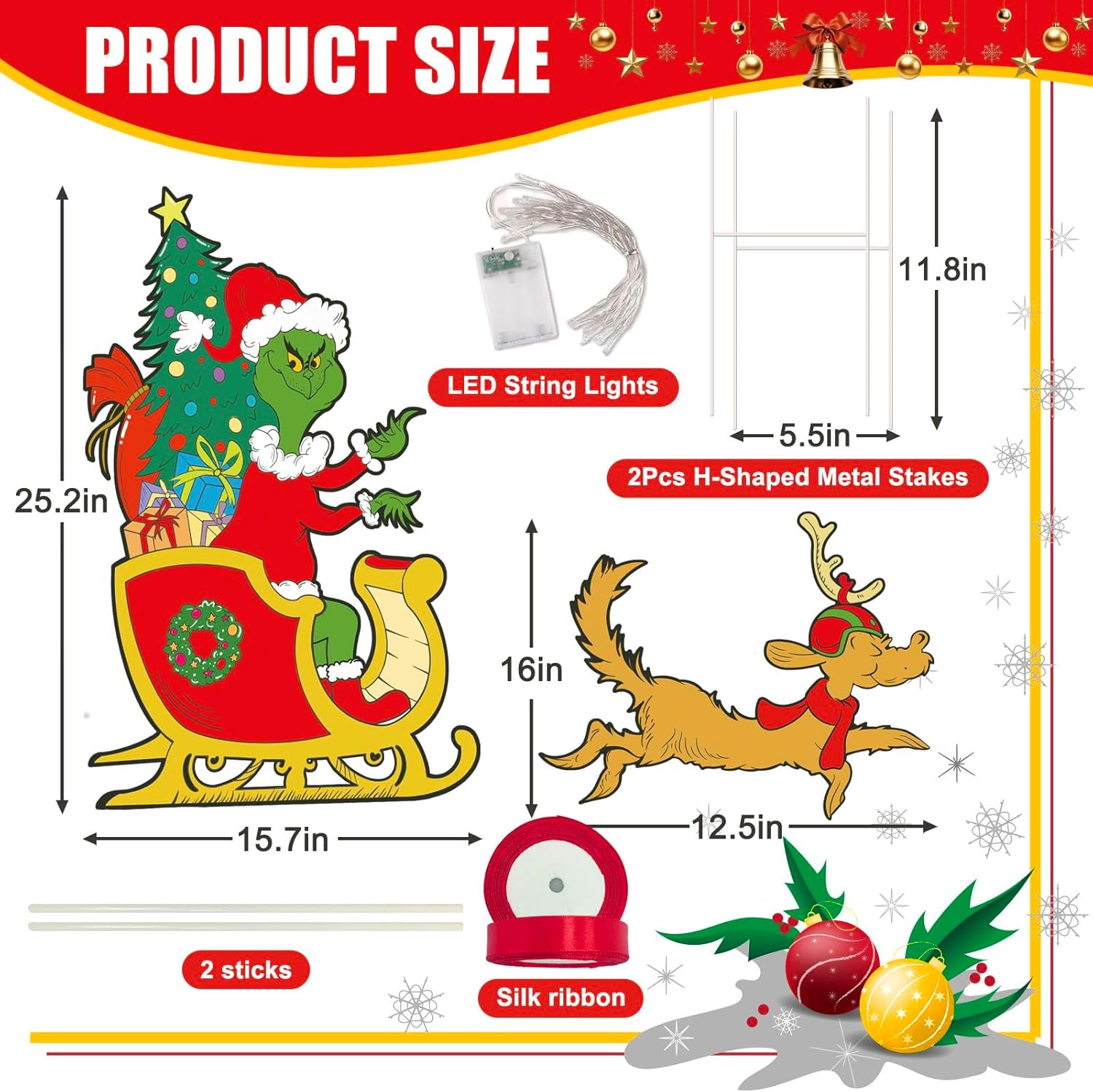 Outdoor Christmas Fence Peeker Yard Signs Wreath with LED Lights- Party Decorations for Indoor Christmas Tree Decor, Yard, Garden, Door, Fence for Holiday (sleigh) - Image 2