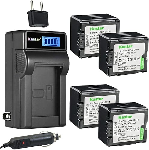 Kastar Paquete de 4 baterías CGA-DU14 y cargador de CA LCD compatible con Panasonic VW-VBD210, VDR-D210, VDR-D230, VDR-D310, CGA-DU06, CGA-DU07,