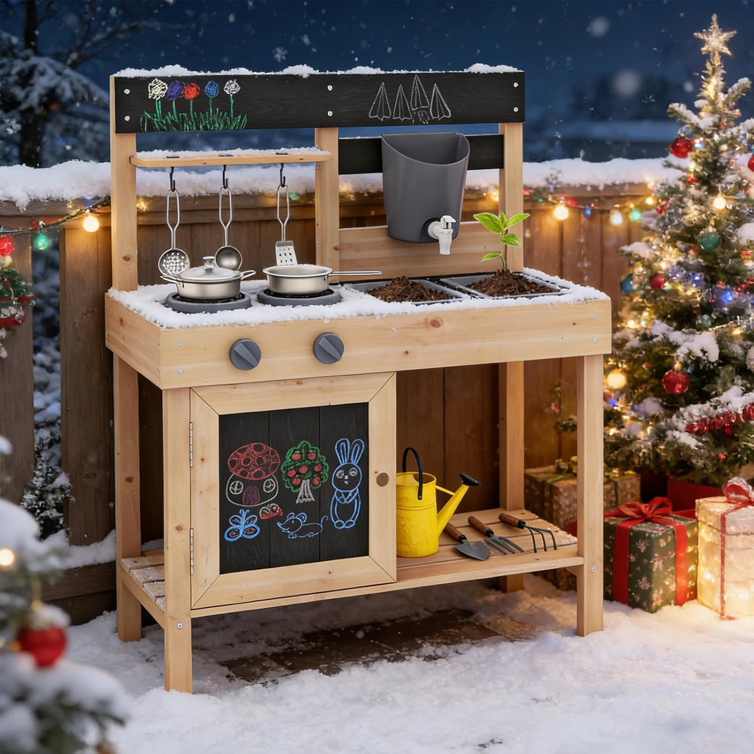 Costzon Mud Kitchen, Wooden Kids Kitchen Playset with 2 Removable Sinks, Faucet, Stoves, Cooking Accessories, Mud Table with Blackboard, Storage Shelf, Outdoor Play Kitchen for Kids (Natural)