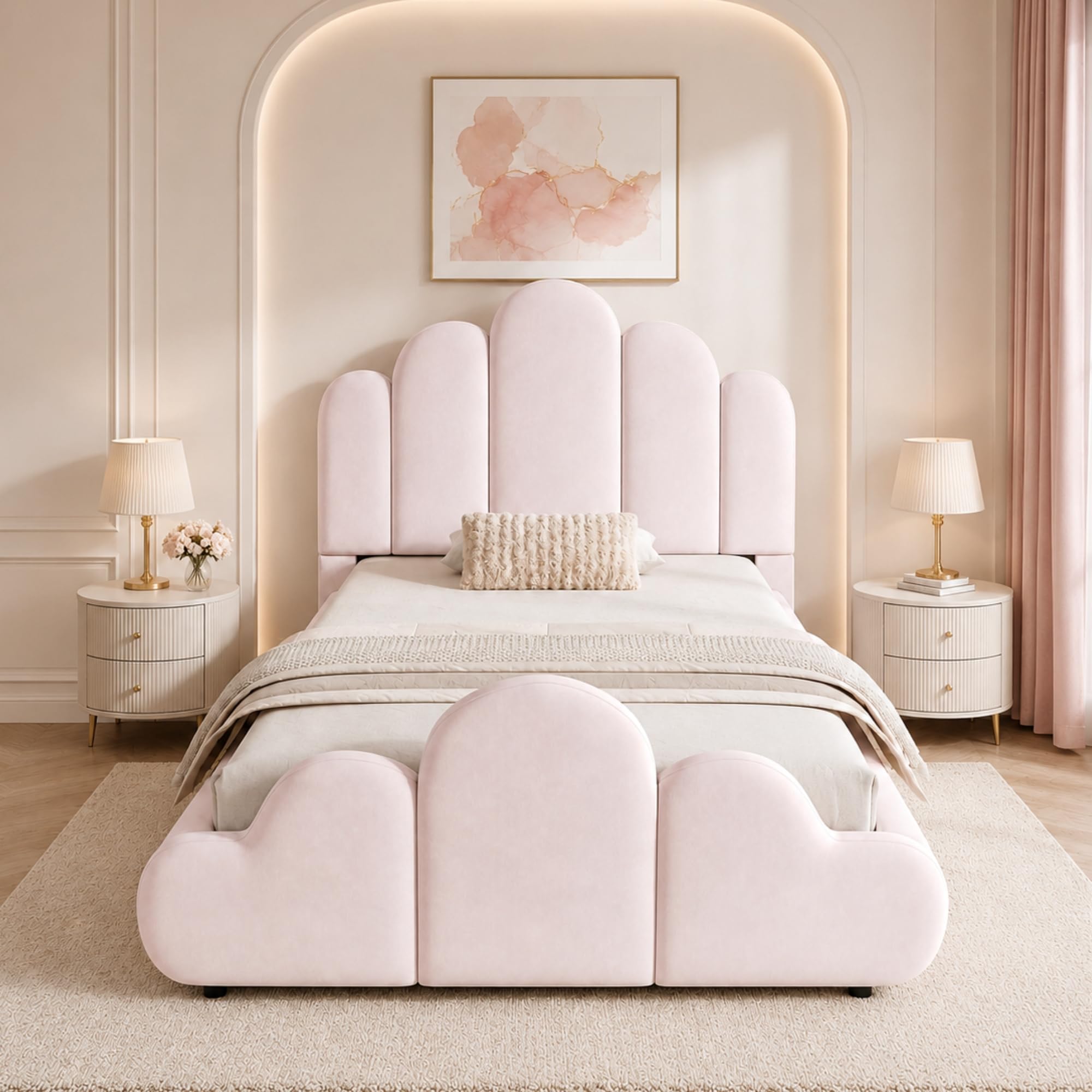 Merax 3FT Single Velvet Bed Frame with Petal Headboard Pink-No Mattress — image 1