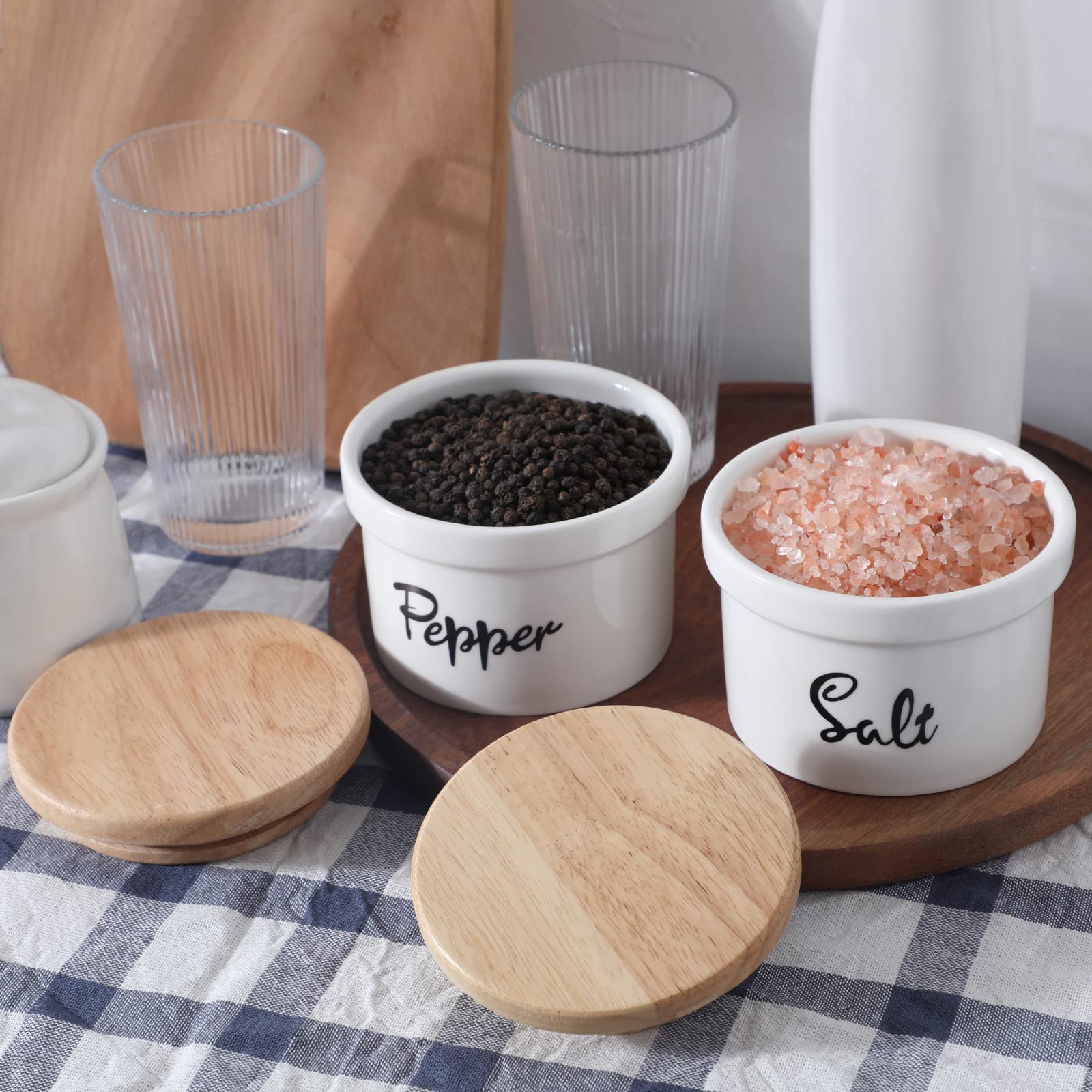 Cuencos de sal y pimienta con tapa de madera, contenedor de cerámica para salero y pimienta de 12 onzas para encimera, decoración de cocina de granja