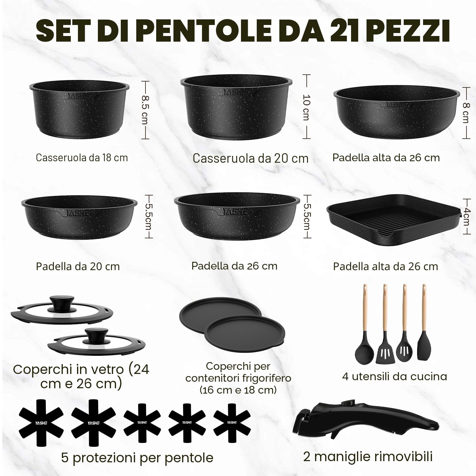 YASHE Set di pentole e padelle da 21 pezzi con manici staccabili – antiaderente, compatibile con induzione, lavabile in lavastoviglie, impilabile