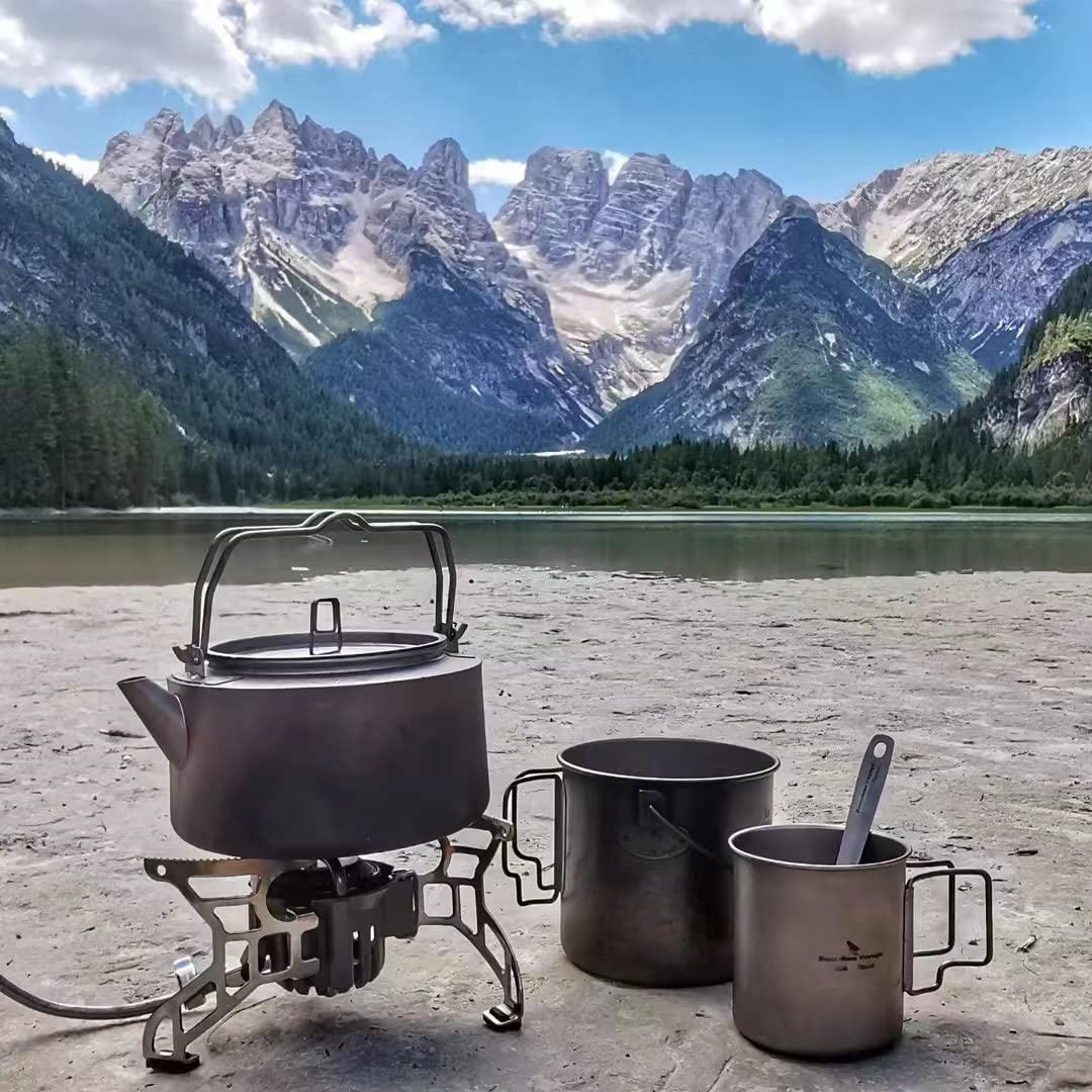 iBasingo Tetera de titanio de 1 litro para acampar gran capacidad, con mango plegable y filtro para interiores y exteriores ultraligera botella de agua duradera para senderismo cocina vajilla
