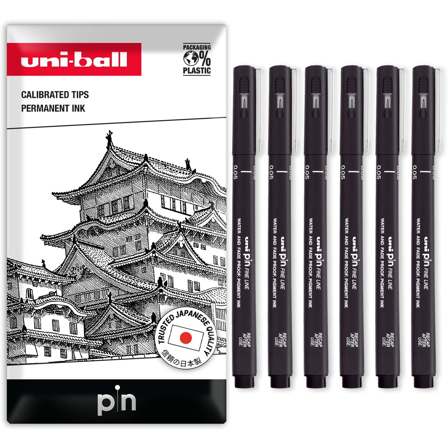 uni-ball PIN Fineliners | Black Fine Tipped Writing Pens | Water & Fade Resistant Ink | Ideal for Sketching, Scrapbooking, Outlining, Art, Technical Drawing | In Envelope Gift Bag (Pack of 6, 0.05mm)