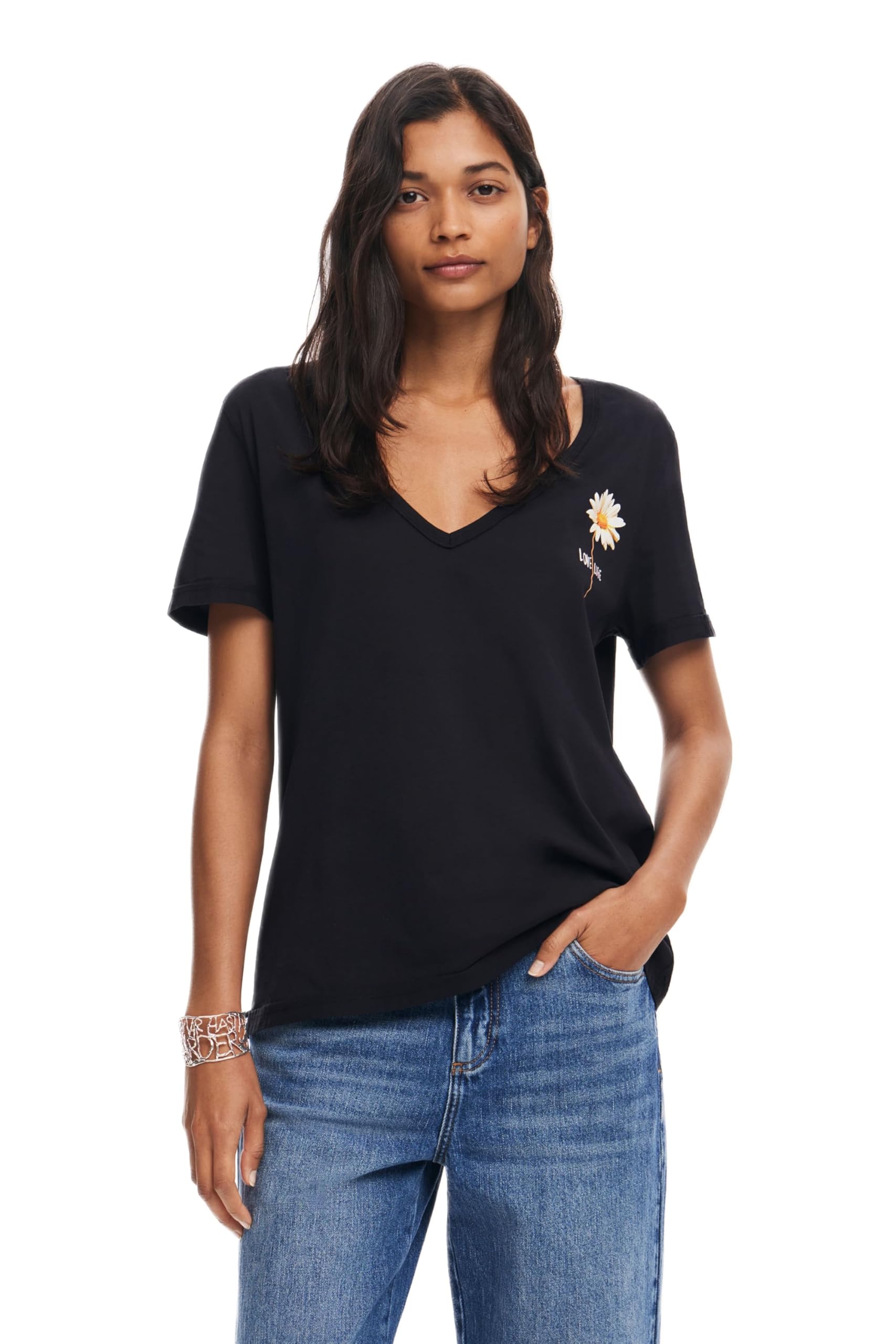 Desigual Mujer Negro Camiseta Escote Pico Flor, Algodon, Xs