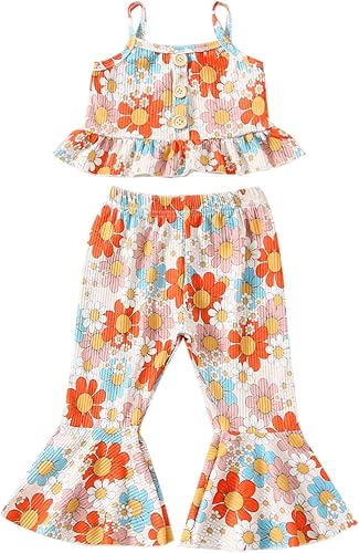 Ropa de verano para bebés y niñas pequeñas, chaleco sin mangas, estampado floral, pantalones acampanados, 2 piezas, ropa