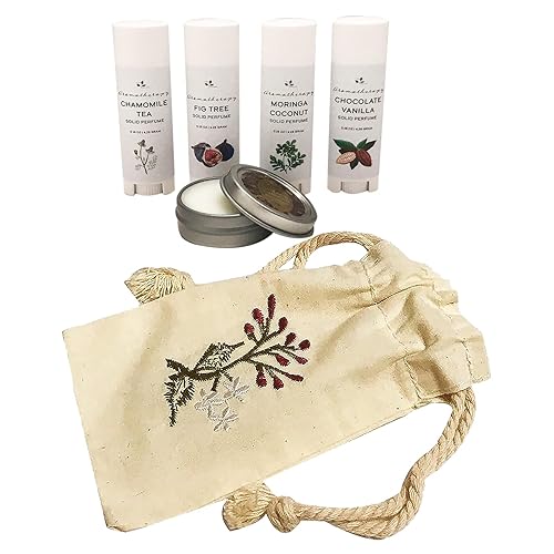 Set de viaje de perfume sólido hecho a mano sin toxinas, 5 aromas diferentes, bolsa de algodón bordada libre (colección Gourmand)