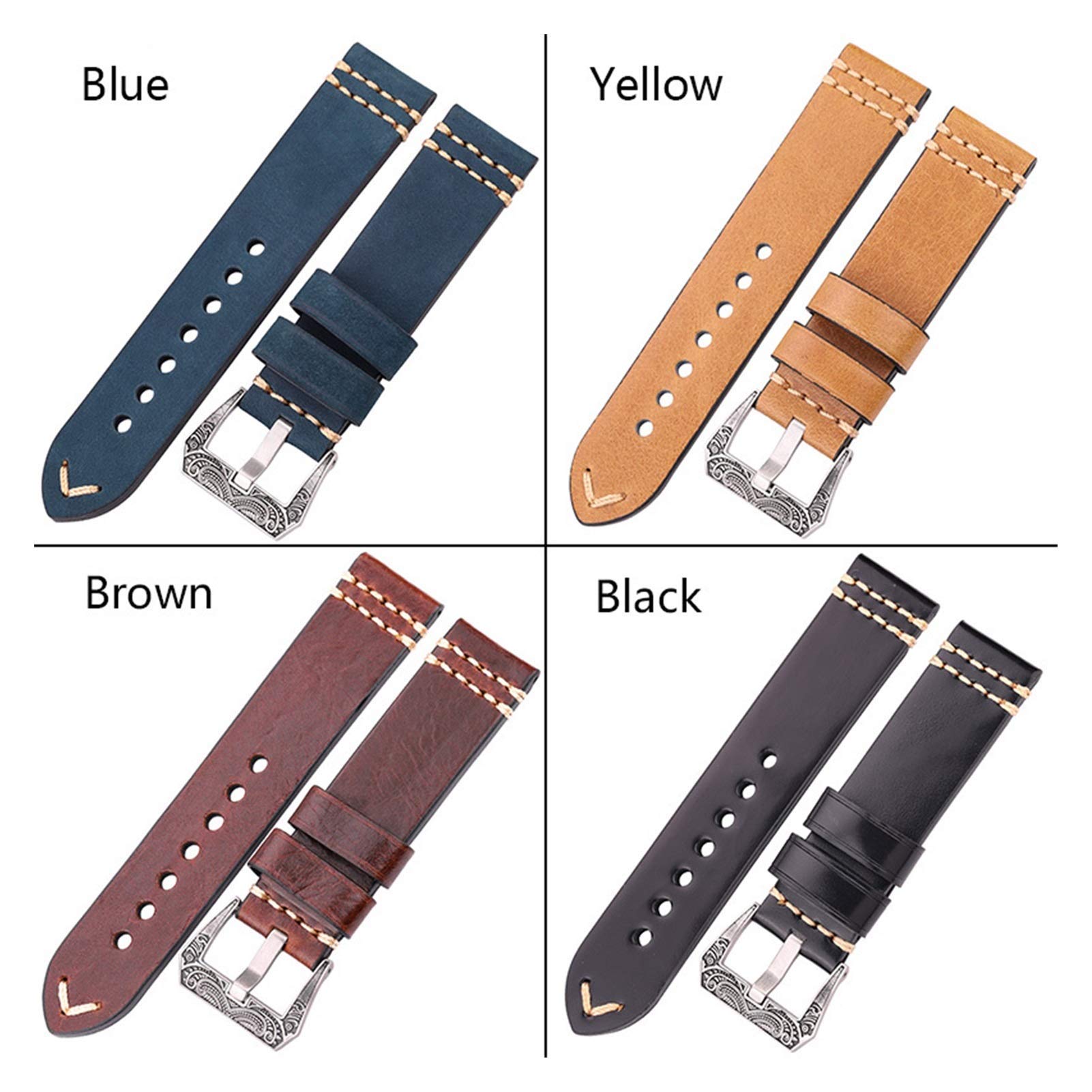 Uhrenarmband, handgemachtes Uhrenarmband 20mm 22mm 24mm Leder Uhrenarmband 4 Farben Rindsleder Uhrenzubehör Retro Stahlschnalle, Armband