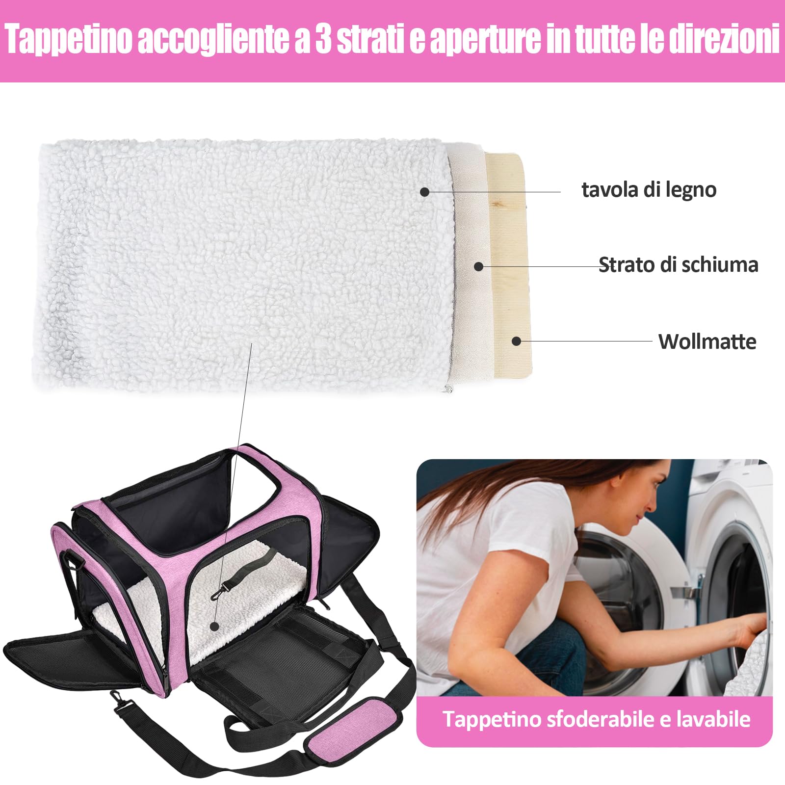 Trasportino per Cani e Gatti, Gabbietta Morbida per Animali Domestici, Tappetino Lavabile Rimovibile, con Tracolla, Borsa Ripiegabile Viaggio Sull' Aereo (L 50 x B 34 x H 34 cm, Rosa)