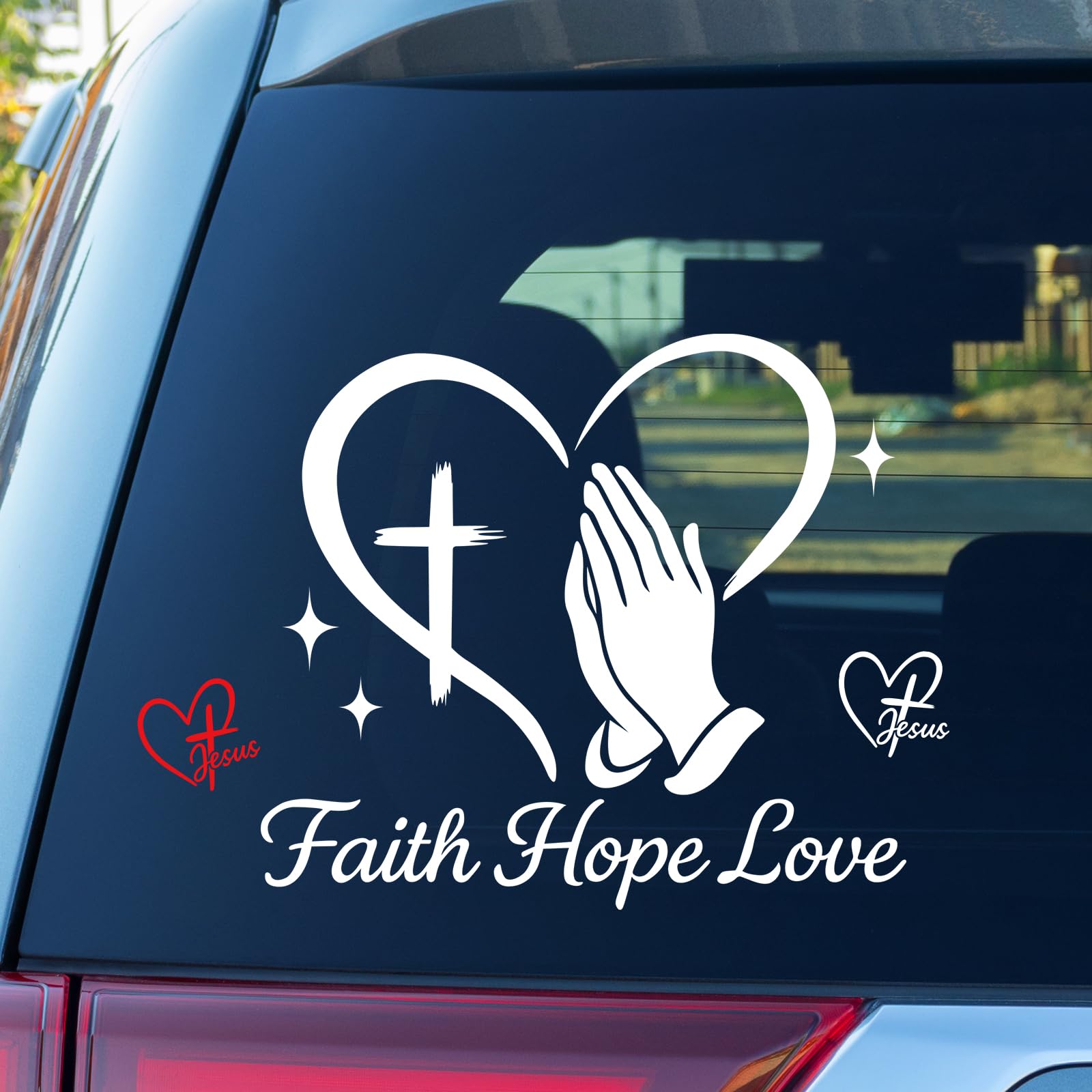 3PCS Large Christian Car Decals, Faith Hope Love Praying Hands Stickers, Rearview Mirror Jesus Cross Heart Sign Vinyl Window Bumper Graphic, Waterproof Exterior Accessories for Car Truck (White)