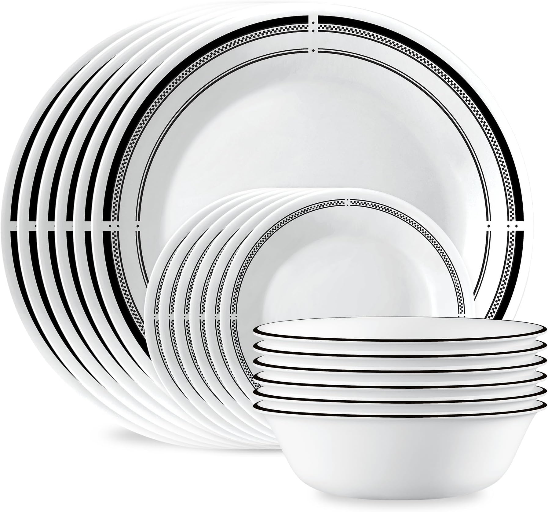 Corelle 18-Piece Round Dinnerware Set, Service for 6, Lightweight Round Plates and Bowls Set, Vitrelle Triple Layer Glass, Chip and Scratch Resistant, Microwave and Dishwasher Safe, Brasserie