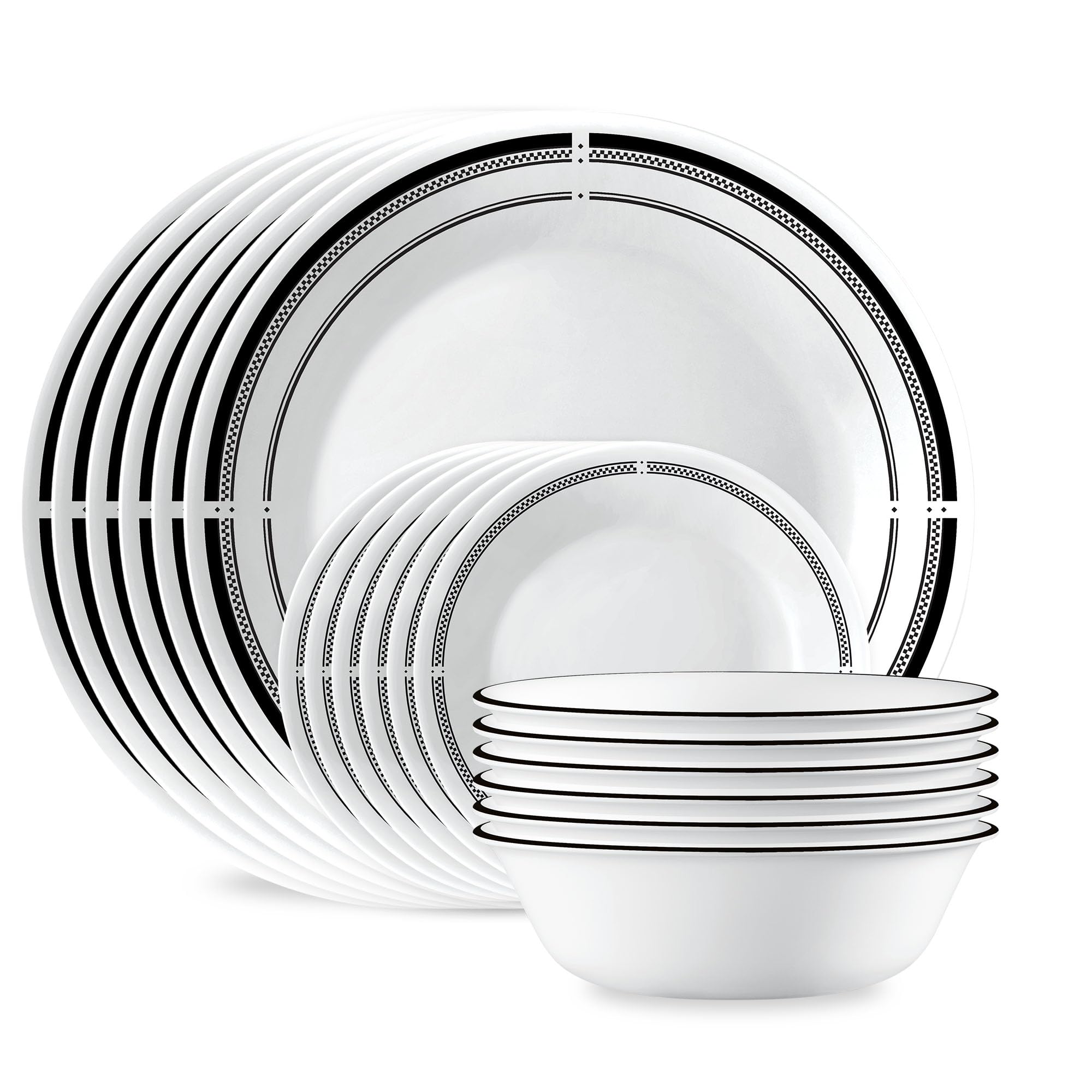 Corelle 18-Piece Round Dinnerware Set, Service for 6, Lightweight Round Plates and Bowls Set, Vitrelle Triple Layer Glass, Chip and Scratch Resistant, Microwave and Dishwasher Safe, Brasserie
