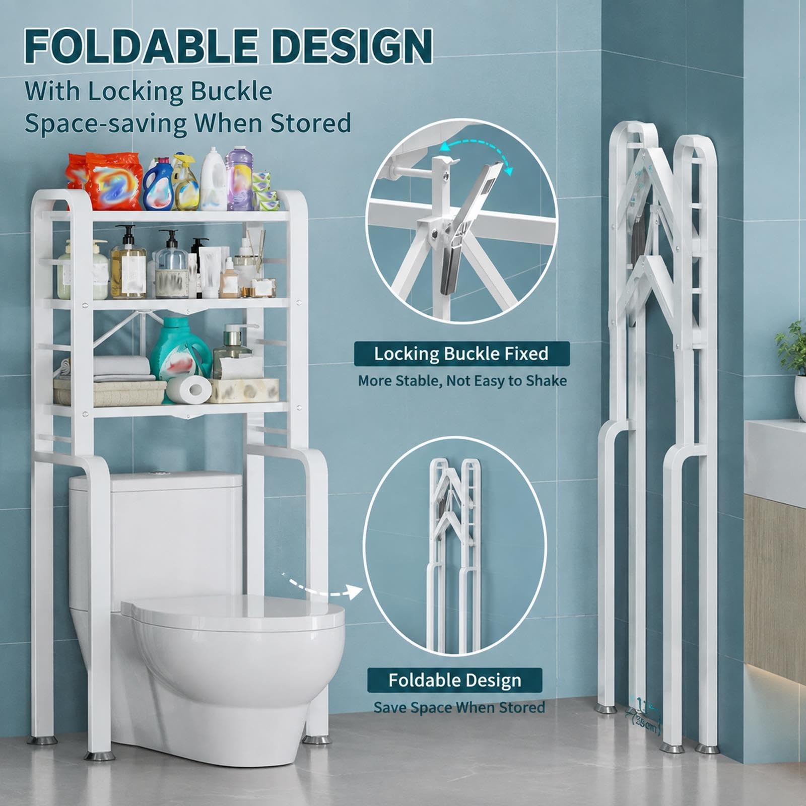 Generico Scaffale WC, Mensola Bagno Sopra Toilette, Salvaspazio Pieghevole | Con ganci mobili e ripiani regolabili per organizzare prodotti bagno e accessori