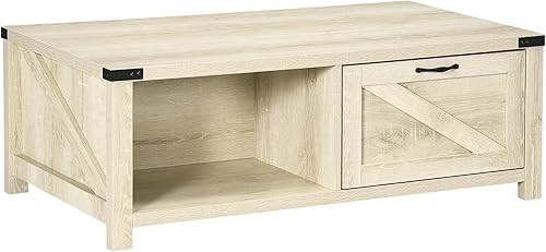 HOMCOM Farmhouse Coffee Table with Storage and Drawer, Rustic Coffee Table for Living Room, Open Shelf, Pale Oak HOMCOM Farmhouse Coffee Table with Storage and Drawer, Rustic Coffee Table for Living Room, Open Shelf, Pale Oak
