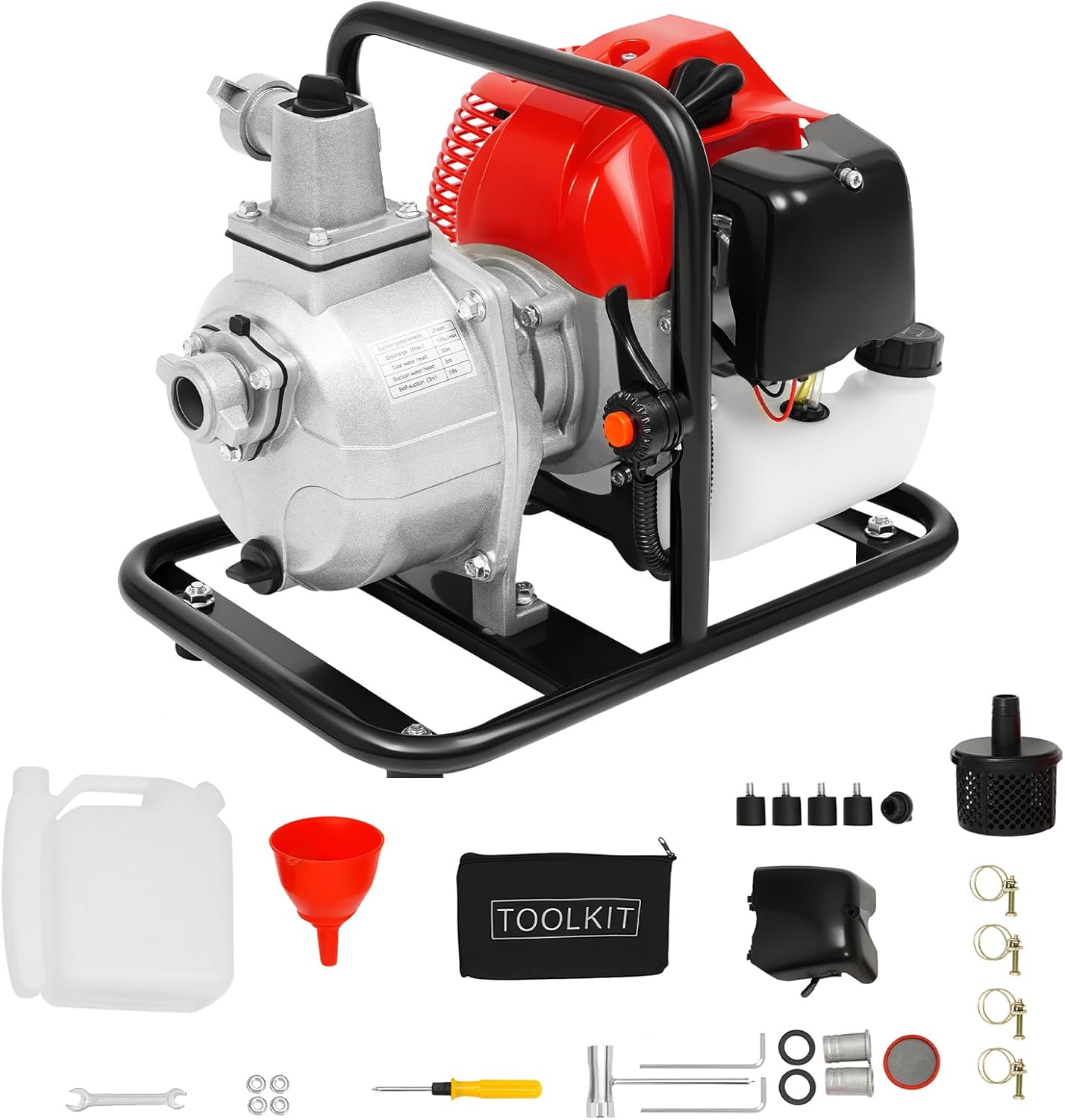 Gas Powered Water Transfer Pump, 1 inch Semi Trash Pump, 42.5CC Two-stroke Gasoline Engine, Max 66 ft Lift, 26ft Suction, Portable Water Pump with Handle, for Irrigation Pool