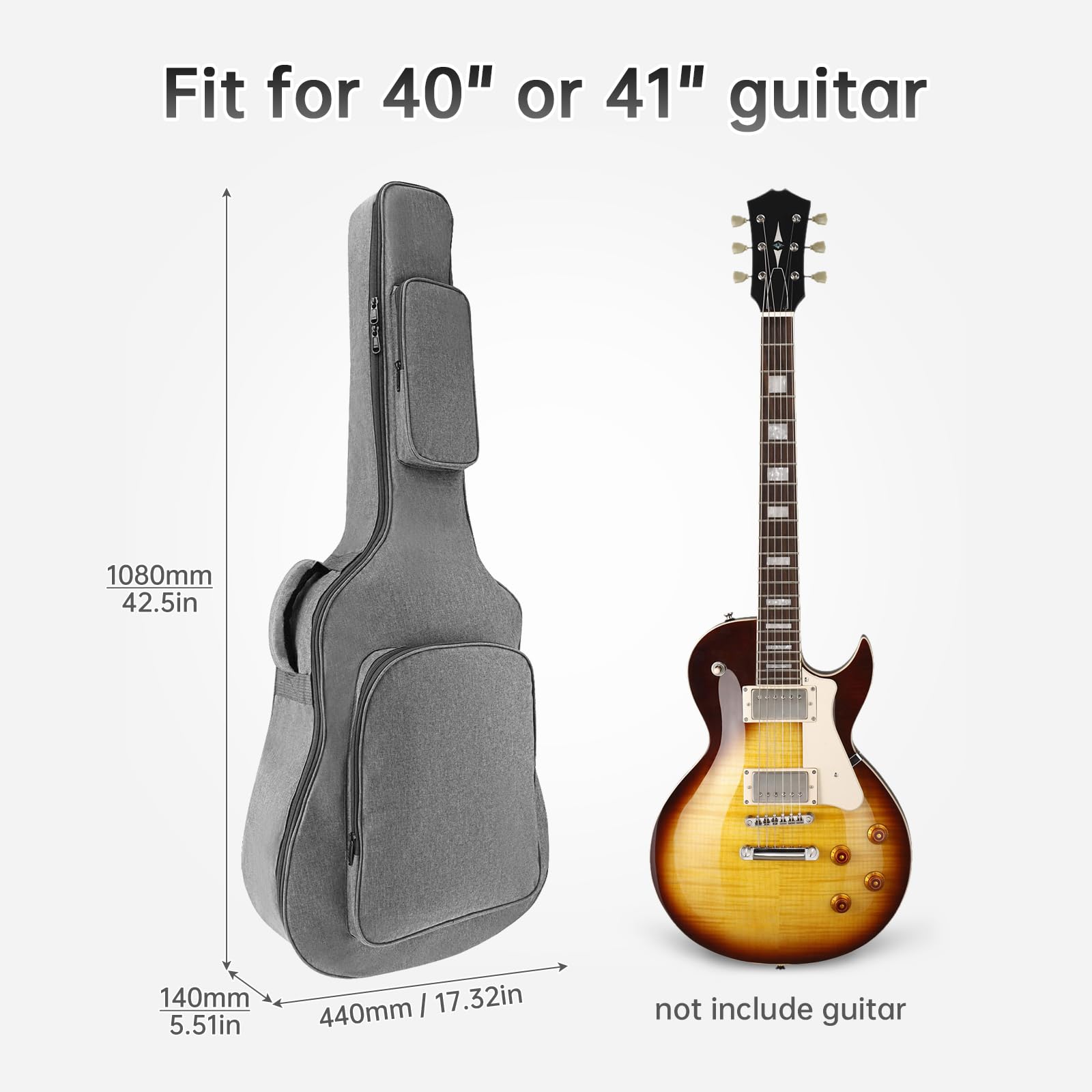 Housses pour Guitare Acoustique avec Rembourrage épais de 10,6 mm, Tissu Oxford imperméable, Gris, pour Guitare Acoustique de 40 à 41 Pouces avec Sangle de Cou, étui Souple pour Guitare