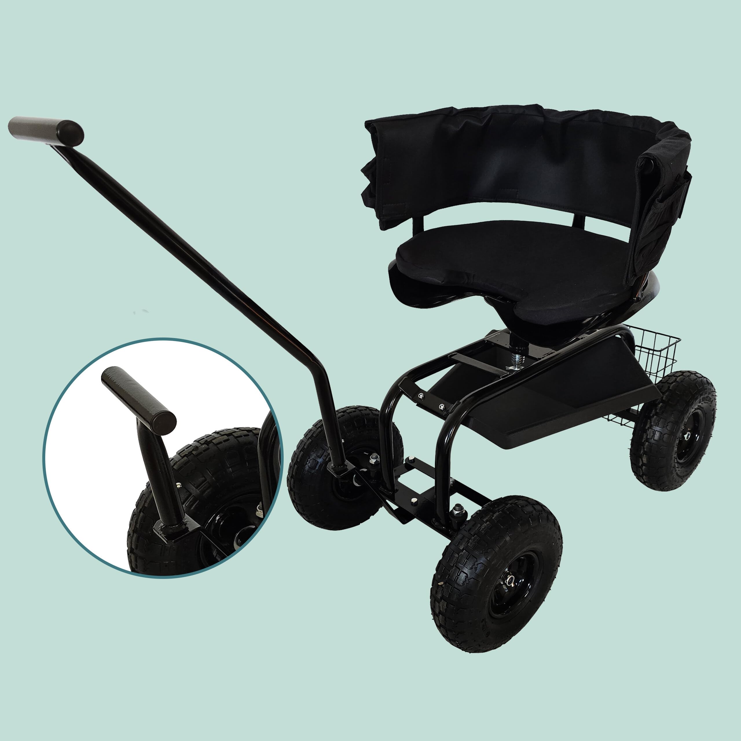 Relaxdays Siège de Jardin Roulant, Hauteur réglable, 150 kg, Rangement, Guidon, Coussin, Dossier, Chariot de Jardin Noir