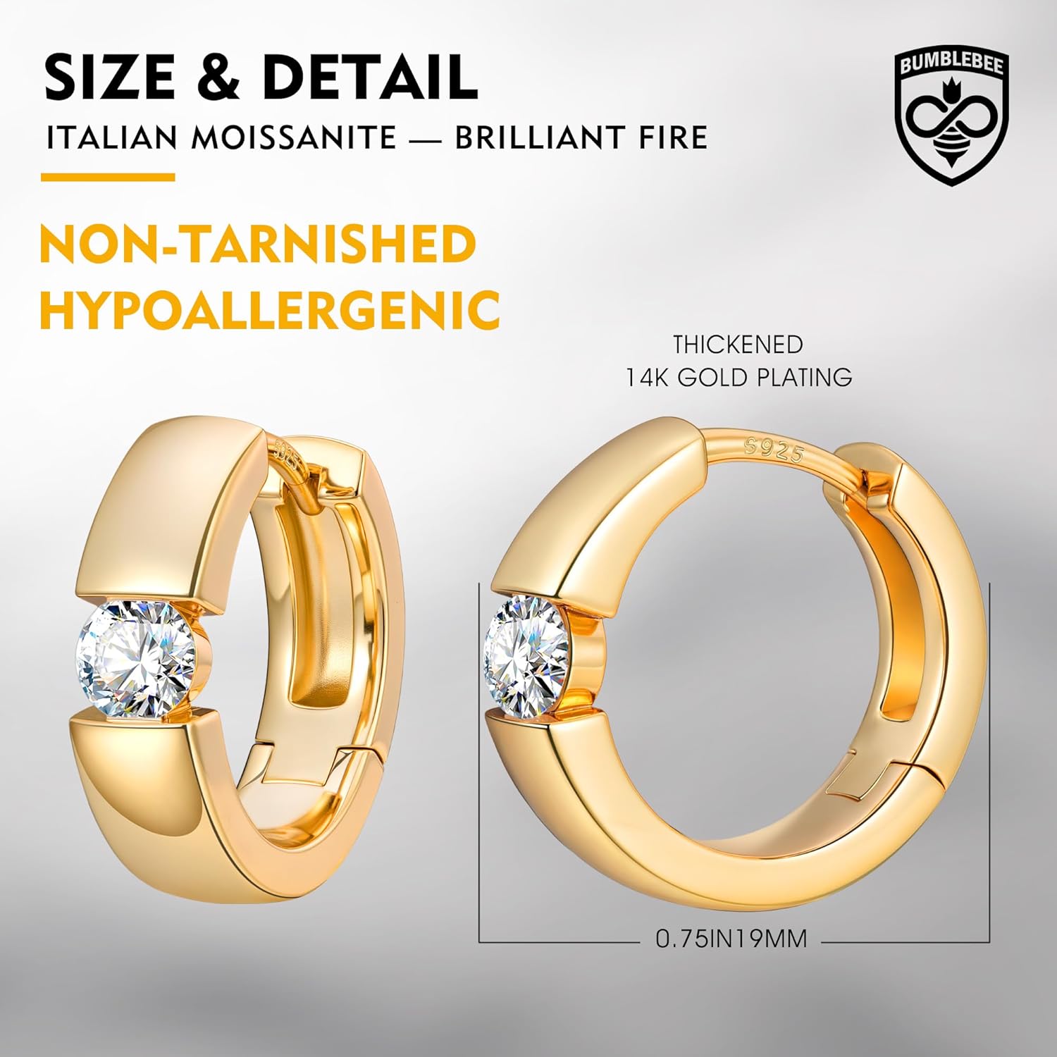 BUMBLEBEE Handmade Moissanite Hoop Earrings for Women,14K Gold Plated Earrings with 0.4CT VVS1,Tarnish-Resistant,Hypoallergenic,Chunky,Jewelry Gift for Valentine's Wedding Anniversary,Birthday - Image 5