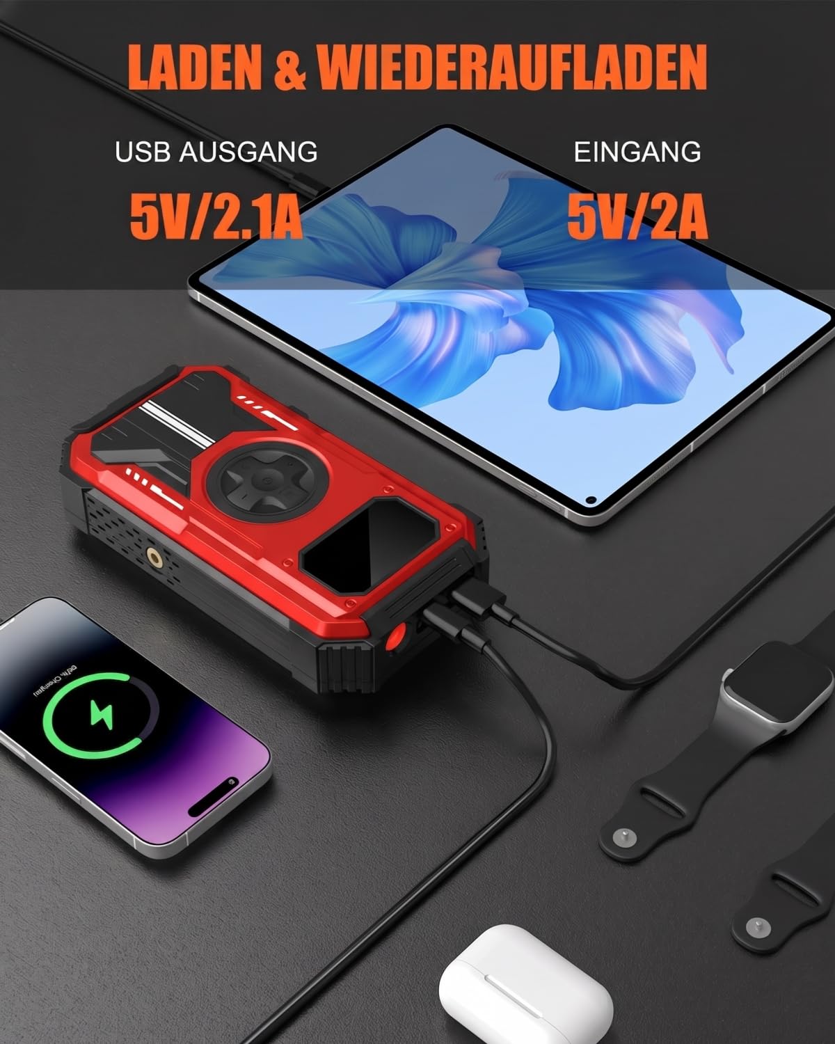 7-in-1 Starthilfe Powerbank für PKW, 7000A Booster Auto Starthilfe (Bis zu 10L Benzin, 8L Diesel), 12V Jump Starter mit 150 PSI Kompressor, LED Taschenlampe, LCD Display, Rot