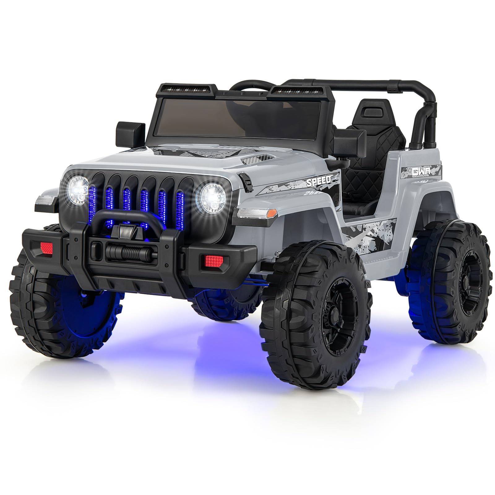 COSTWAY Coche Eléctrico para Niños 12V, Vehículo Todoterreno con Velocidad Ajustable, Vehículo Eléctrico de Juguete de 2 Plazas con Control Remoto 2,4G, Música, Puerto USB, Bluetooth, Luces (Gris)