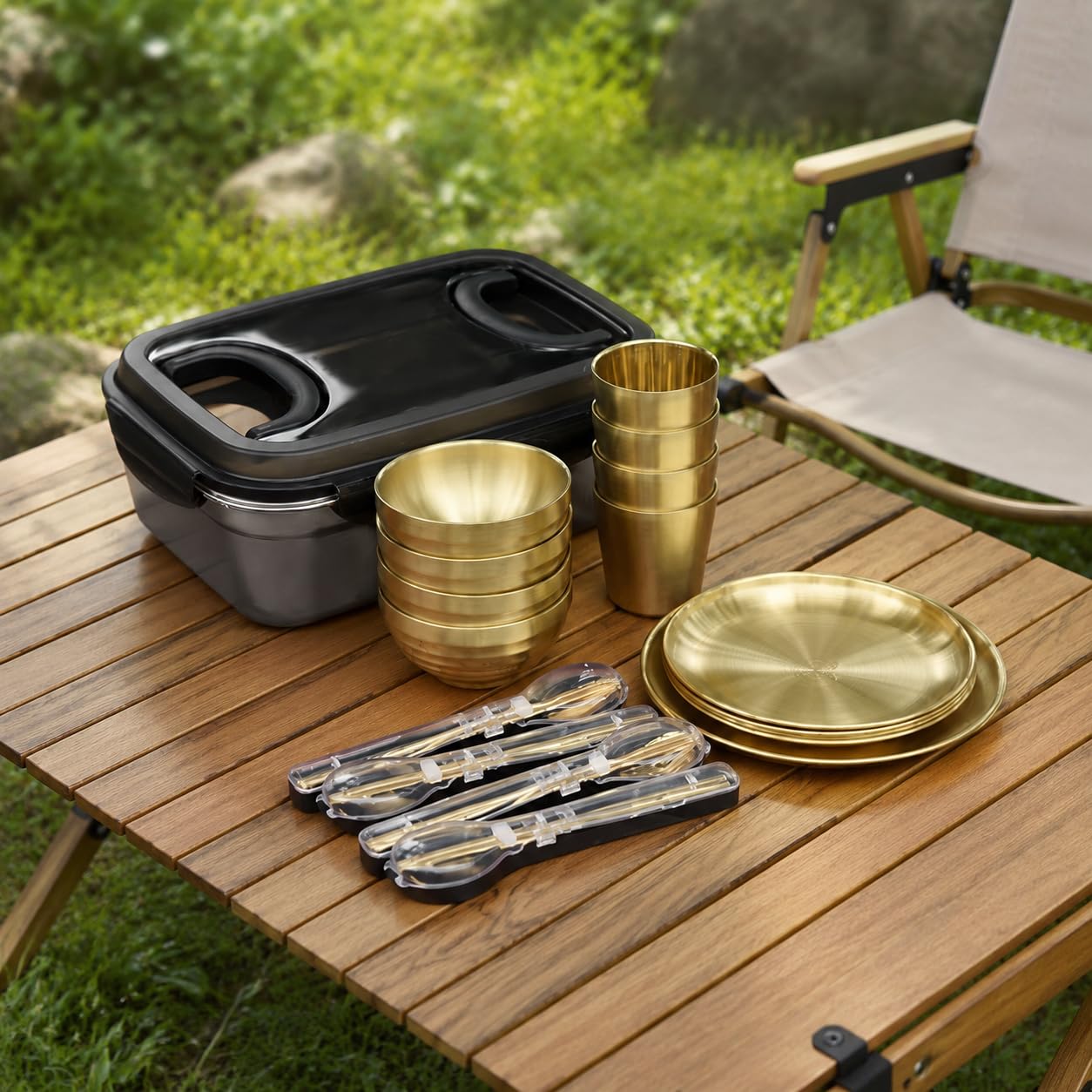 Robustes Camping Geschirr Set, faltbares tragbares Gold-Essgeschirr aus 304, Nesting Campinggeschirr mit Tasche für, 4 Personen