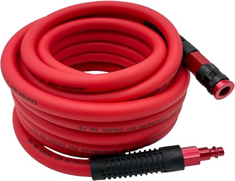 Hybrid Air Hose 3/8-Inch x 25FT,300 PSI Heavy Duty Air Compressor Hose,Lightweight,Kink Resistant,All-Weather Flexibility with 1/4-Inch Swivel Solid Aluminum Quick Coupler and Plug,Red