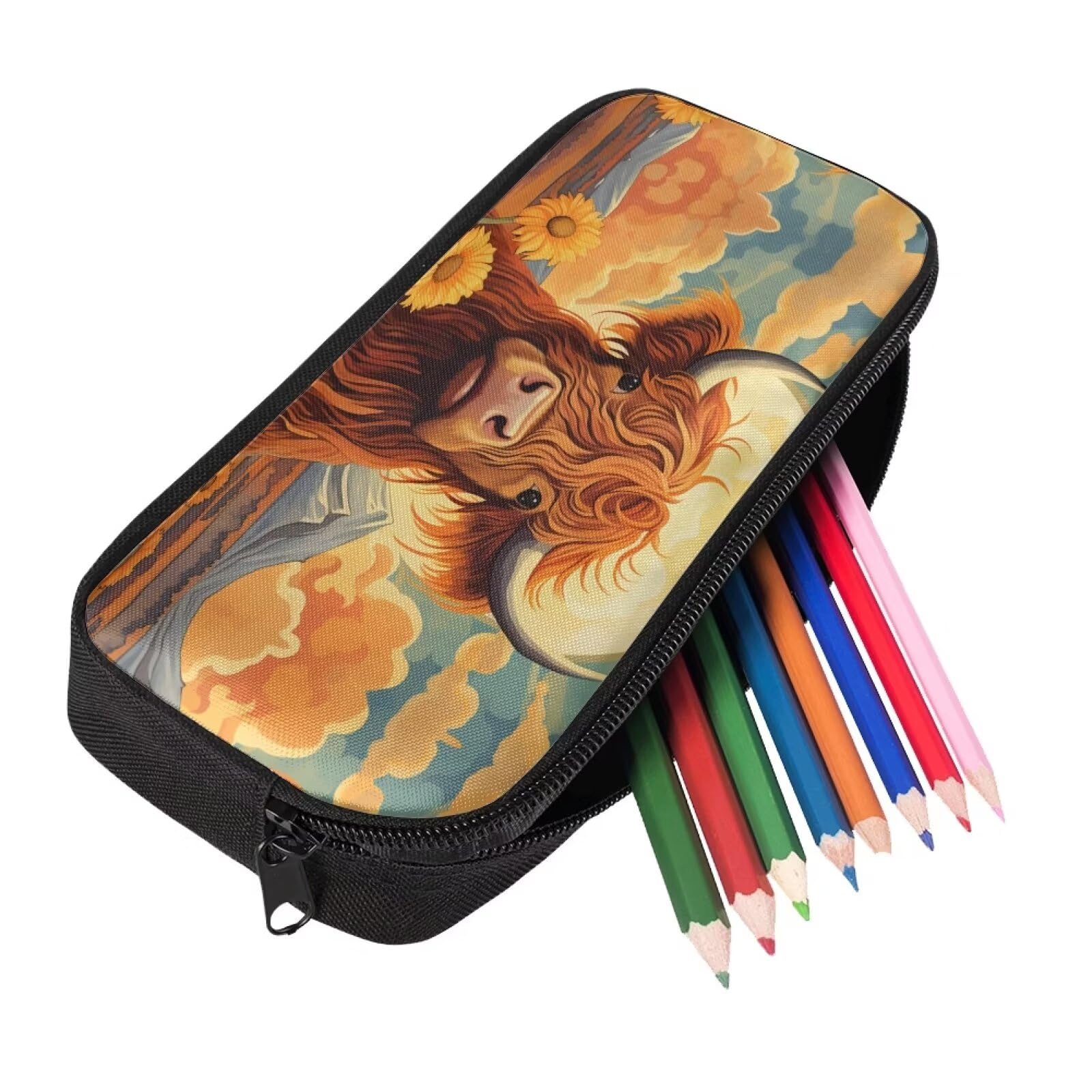 Showudesigns Highland Cow Kids Pencil Case Sunflower Purse for Girls Middle School Pencil Bag Case Holder Travel Storage Bags Big Capacity Animal Floral - Image 2