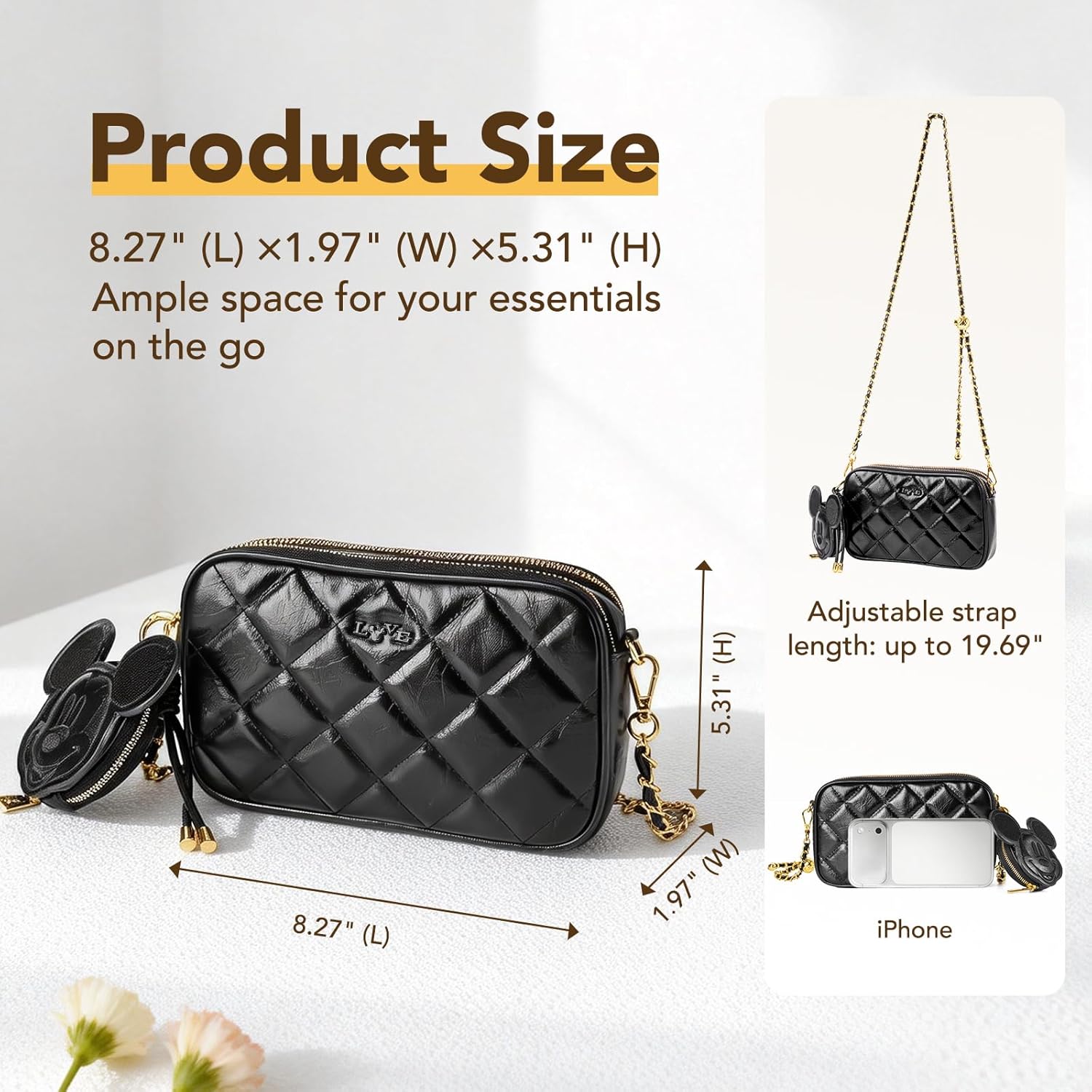 MINISO Disney Mickey Mouse Small Crossbody Bag for Women Shoulder Handbags Purses with Adjustable Strap Trendy Ladies Travel Purse with Zipper Pockets for Phone Wallet Keys