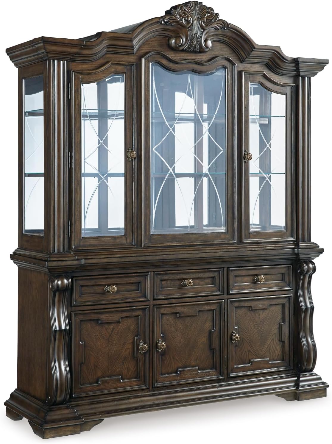 Signature Design by Ashley 2-Piece Dining Buffet and Hutch, China Cabinet | Hardwood solids, Oak and ash swirl veneers with MDF substrates and cast resin components, Glass doors, Maylee Series