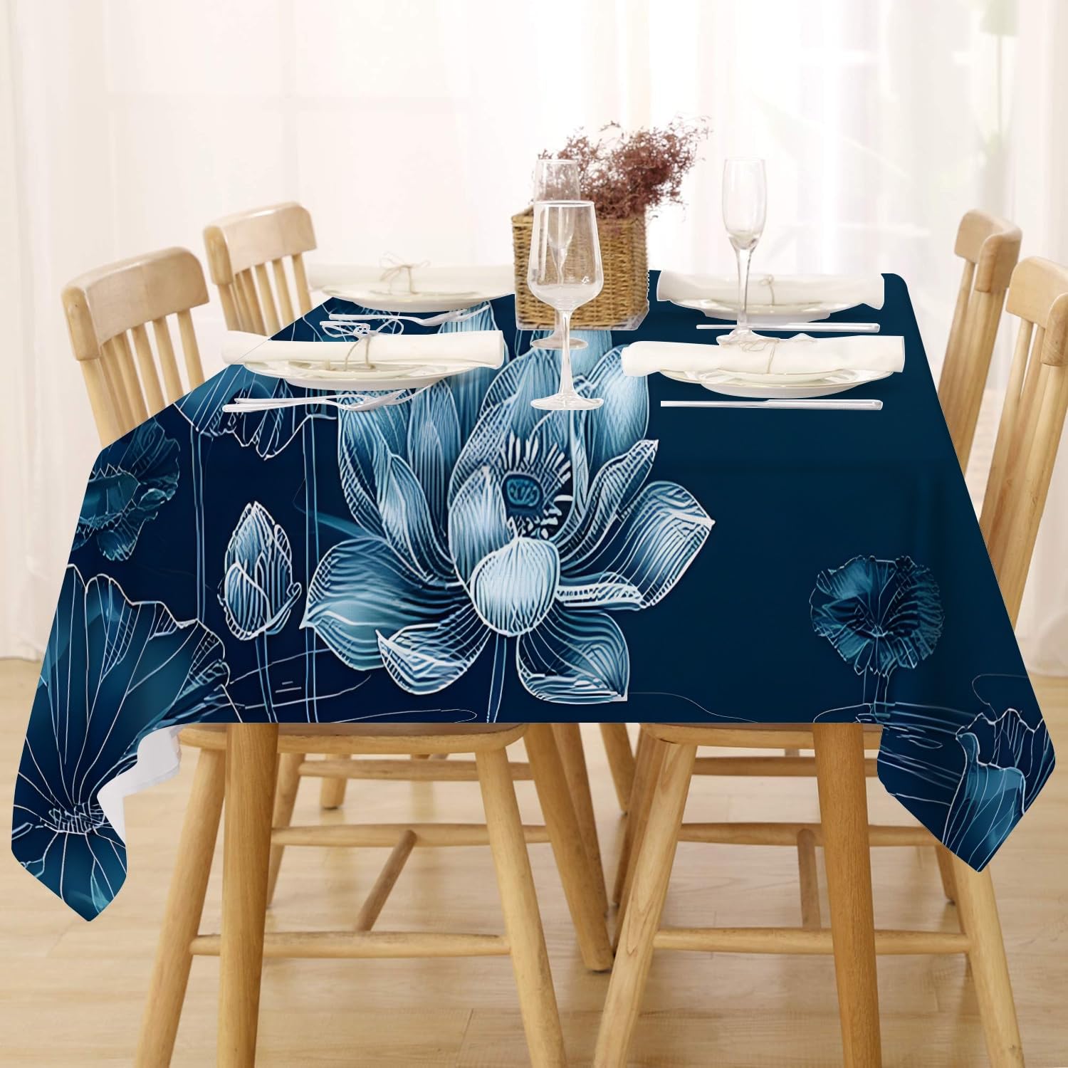 Lotus Bleu Nappe Motif Étang De Nénuphars, Nappe Carrée 200x200 cm Anti Tache et Imperméable, Linge de Table en Polyester Lavable, Floral Zen Oriental Décoration - G-421
