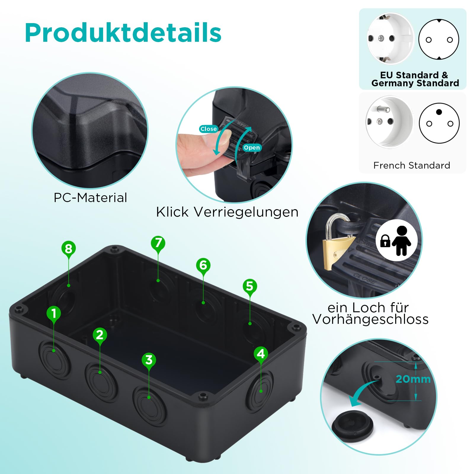 Presa esterna Presa impermeabile esterna IP66 con interruttore spia luminosa,Presa esterna sporgente Giardino esterno Presa a muro con coperchio pieghevole bloccabile doppia presa nera