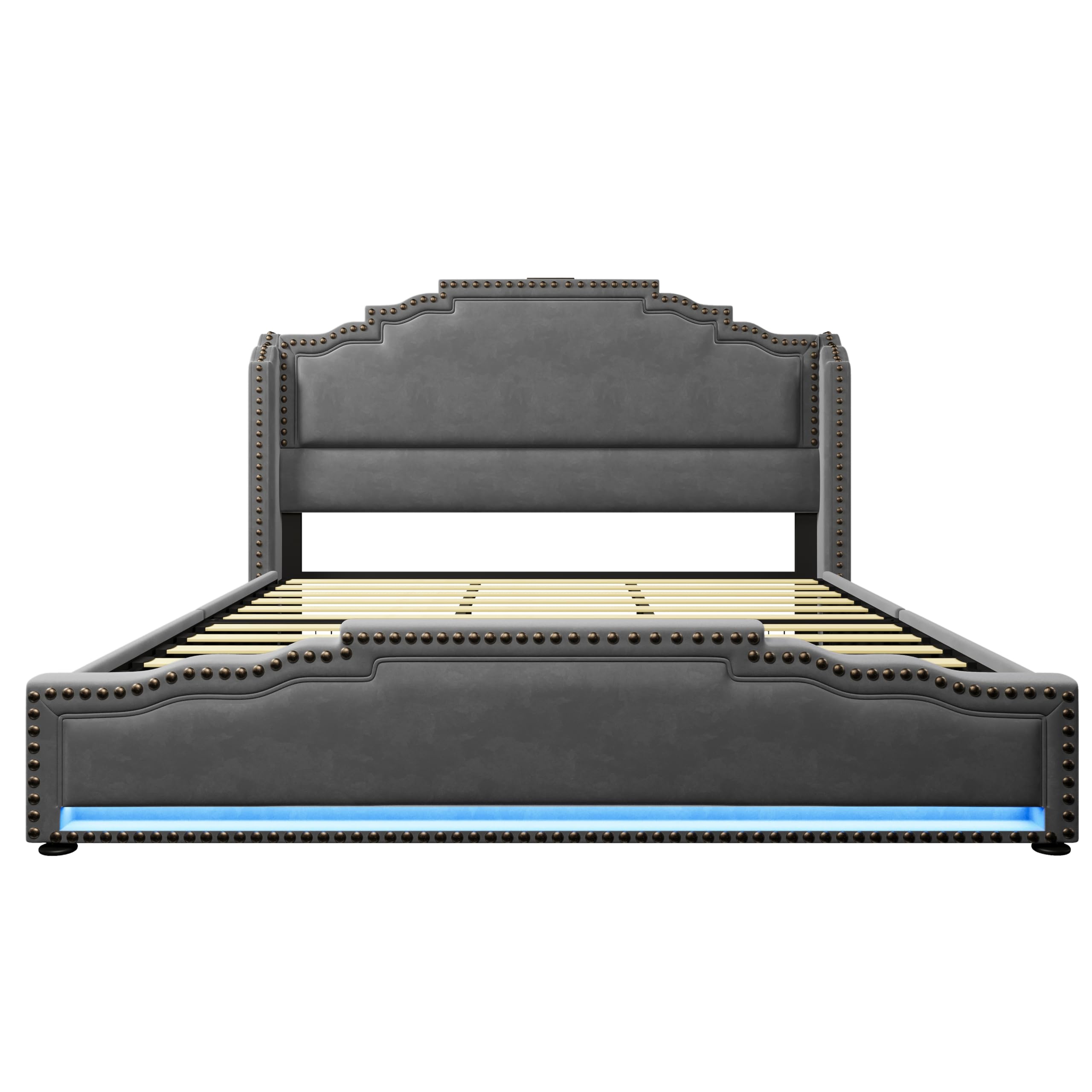 Merax Polsterbett 180x200cm Doppelbett Bettrahmen mit 4 Schublade, Gepolstertes Bett mit LED & USB-C-Ladeanschluss, Stauraumbett Funktionsbett mit Lattenrost, Samt, Retro-Stil, ohne Matratze, Grau