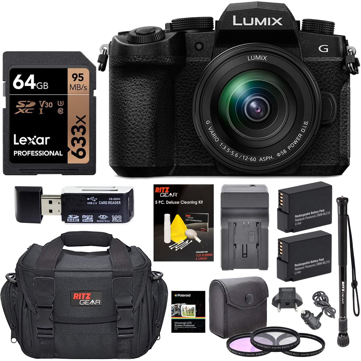 Panasonic Lumix G95MK Mirrorless Camera with 12-60mm f/3.5-5.6 Lens, Lexar 64GB Memory, 2 Spare Batteries with Charger, Monopod, Card Reader, Filter Kit, Cleaning Kit, Bag and More