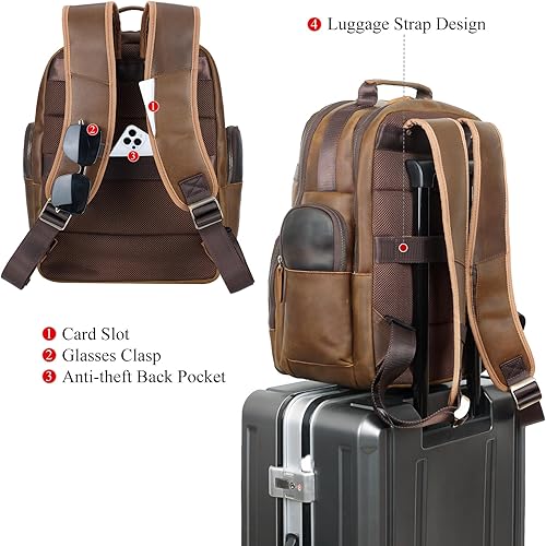 Miniatura 2 de TIDING Mochila de cuero vintage para hombre de 15.6 pulgadas, bolsa para laptop de gran capacidad, viajes de negocios, senderismo, mochilas de hombro