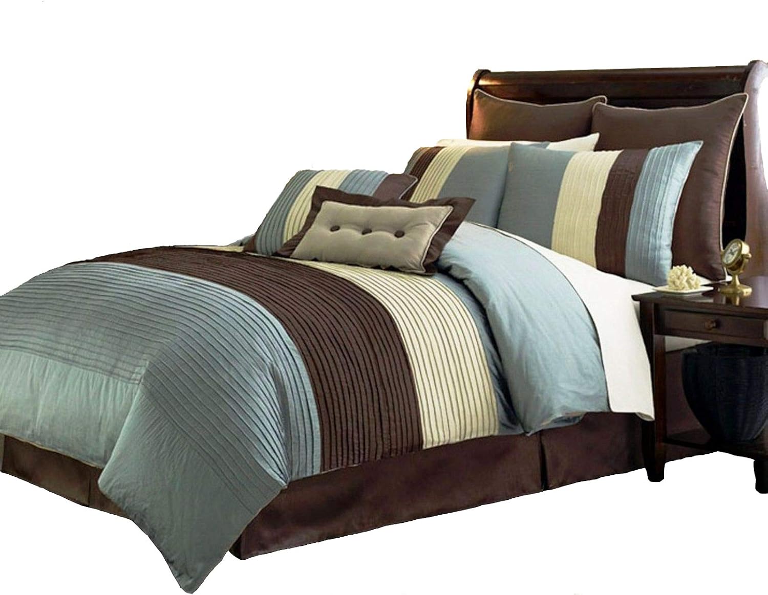 Legacy Decor 8 Pieces Blue Beige Brown Luxury Stripe Comforter (90"x92") Bed-in-a-Bag Set Queen Size Bedding