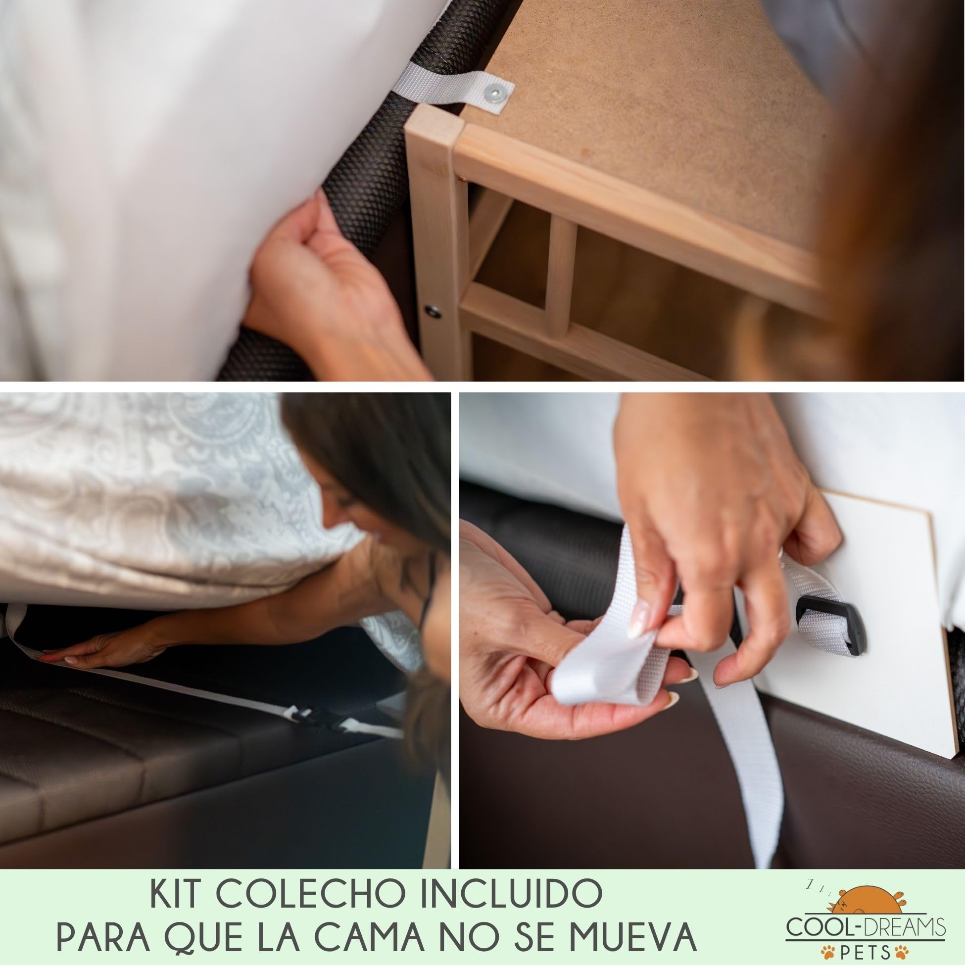 Cama Elevada Perro y Gato de Madera con Escalera | Faunatic CoolDreams | Colchón antiarañazos, dos alturas de somier, estructura de madera. Escalera con 3 peldaños y kit para fijar con cama