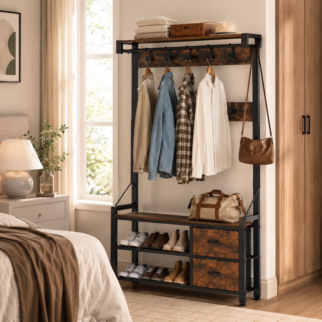 Garderobenständer, Flurgarderobe mit Schuhbank, Garderobe, Schuhaufbewahrung, 2 Schubladen, 17 Haken, Industrie-Design Garderobe mit Sitzbank für Flur, Wohnzimmer 30 x 80 x 180 cm