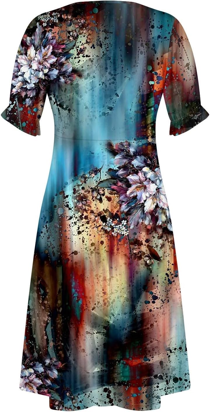 BAXLIMEK Beach Dresses for Women,2025 Spring Summer Trendy Floral Print Boho Dress,Elegant V Neck Ruffle Short Sleeve Midi Dress,Ruched Button Irregular Hem Vacation Dress Resort Wear(B-Navy,M)
