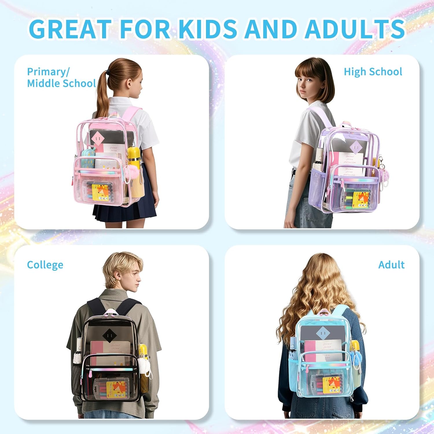 Clear Backpack for School Heavy Duty Transparent Bookbag for Girls Clear Bags See Through Backpack Sport Events Concert Stadium Approved-Blue - Image 3