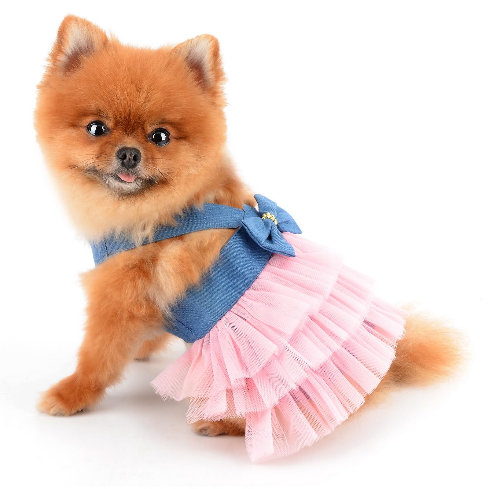 PAIDEFUL Small Dog Dress Striped Denim Organza Bow Beads Tutu Skirt Summer Soft Comfortable Breathable Puppy Clothes Sleeveless Button Kitten Apparel - Image 4