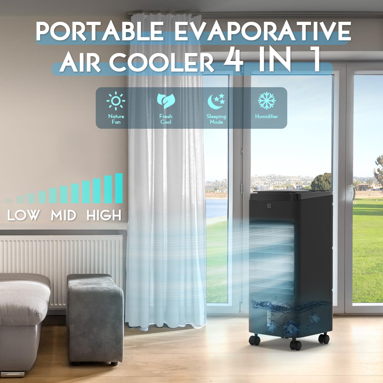 Raffreddatore d'Aria evaporativo Portatile, 3-in-1 Ventilatore e umidificatore con Sacchetti di Ghiaccio.4 modalità, 3 velocità, Timer 12H & Avviso Senza Acqua.Raffreddamento Silenzioso per L'Ufficio