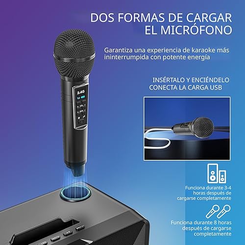 Miniatura 5 de Máquina de karaoke para adultos y niños con 2 micrófonos inalámbricos UHF, altavoz Bluetooth portátil sistema de altavoces PA con luces LED de