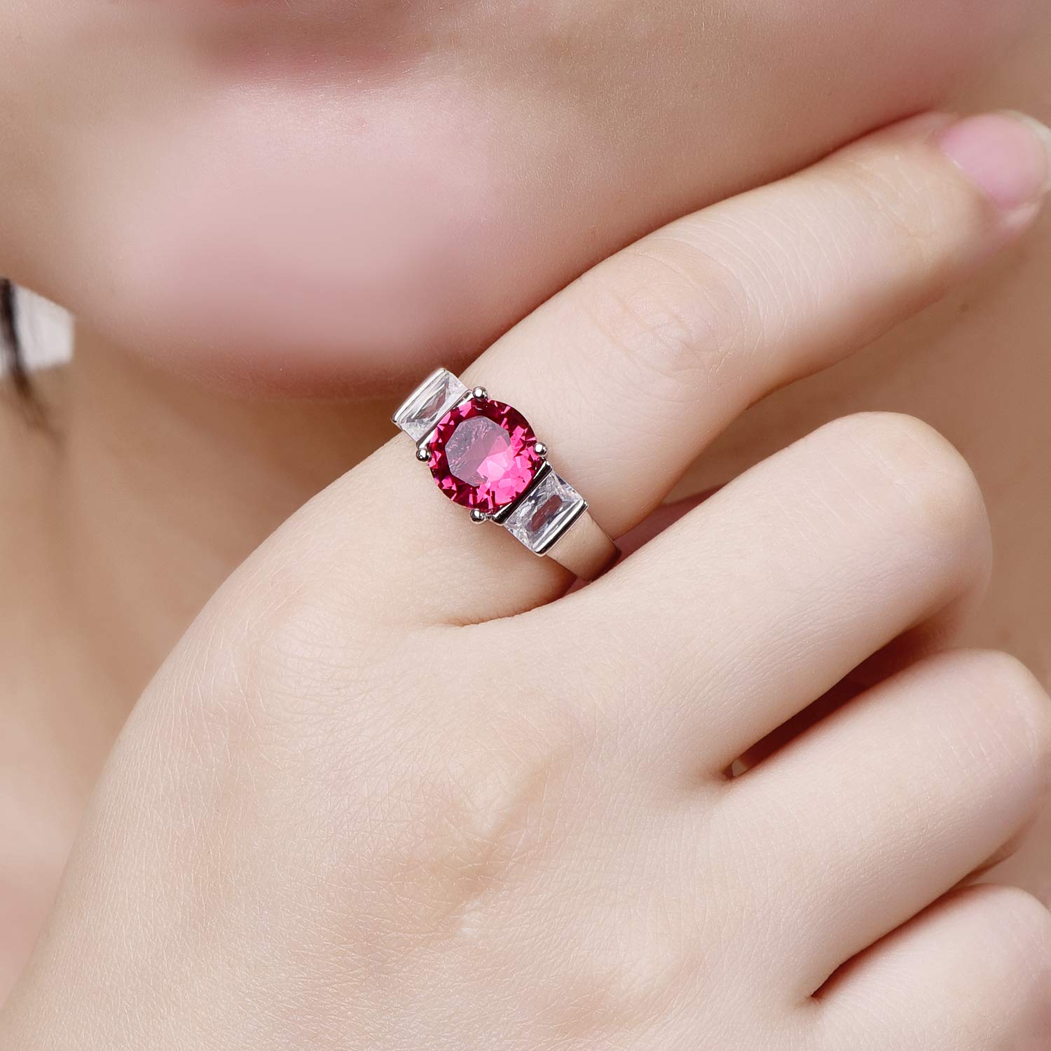 Emsione 925 Silver Plated Created Ruby Spinel Round Cut Wide Statement Eternity Promise Ring Engagement Wedding Bands for Women Size 8