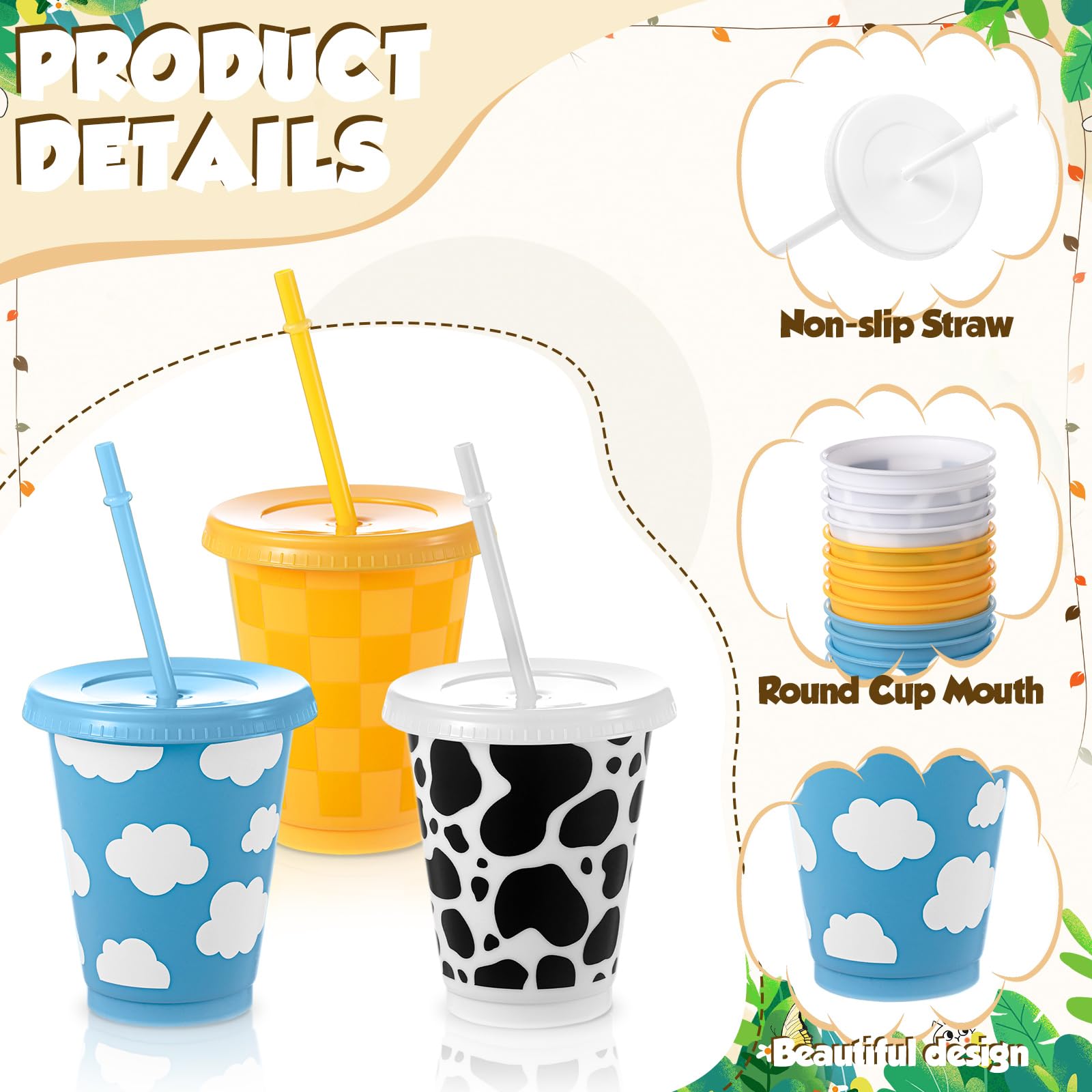Tioncy 12 vasos de plástico reutilizables de 473 ml con tapa y popote, diseño de dibujos animados, para fiestas de carnaval
