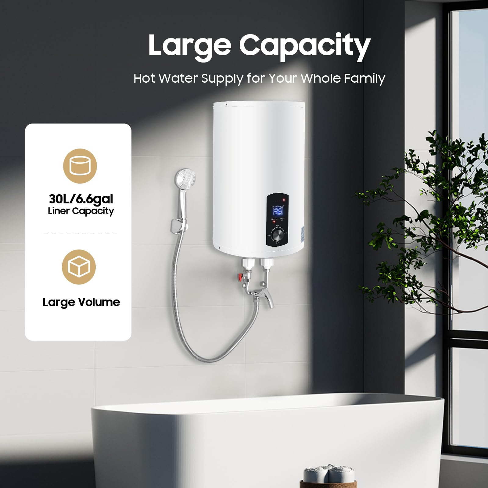 Scaldabagno elettrico ad accumulo | 2000 W elettrico istantaneo | Boiler ad acqua da parete con doccetta e tubi | Intervallo di controllo della temperatura: 25 – 75 °C | Capacità contenitore 30 – 70 L