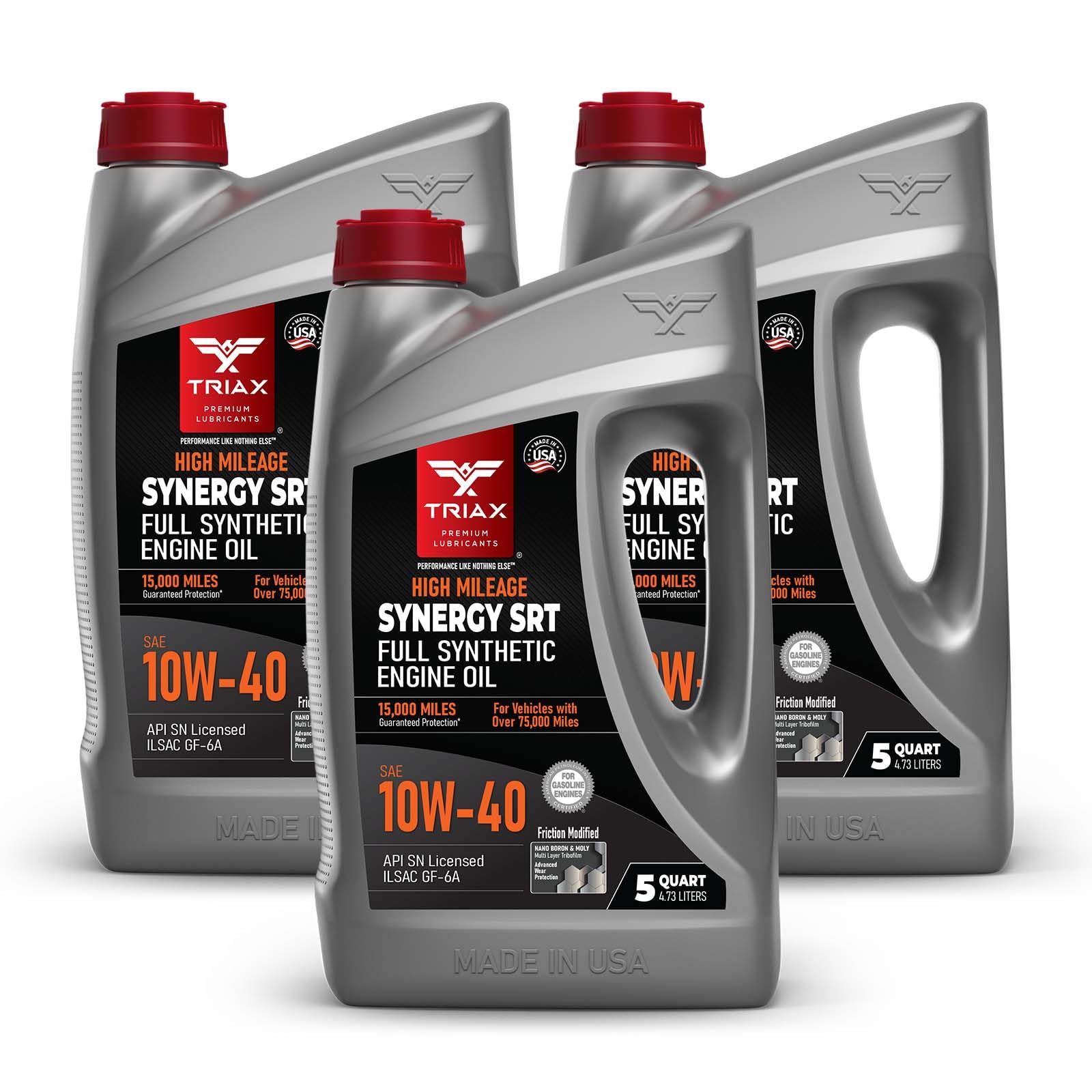 TRIAX Synergy SRT 10W-40 - Full Synthetic, Friction Modified Engine Oil - 20K Miles, API SP Licensed, 3x Wear Protection - Nano Boron and Moly Friction Modified (5 Quart - 3 Pack)