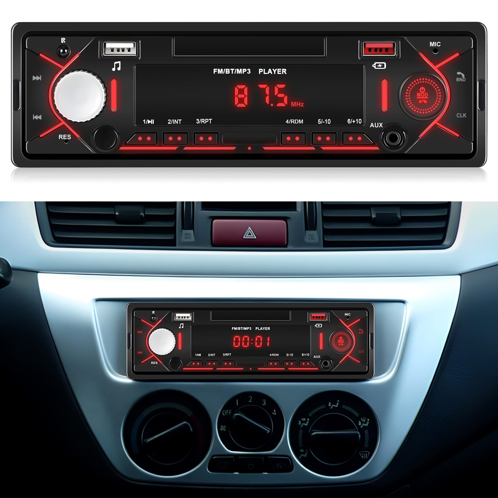 1 Din Autoradio mit Bluetooth Verbindung, Radio 1 DIN mit FM, USB/SD/AUX-IN, Fernbedienung, LCD-Anzeige und Schnellladung