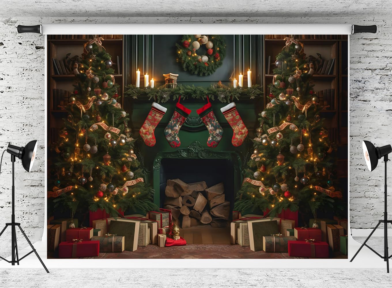 Kate Christmas Backdrop for Photography Green Xmas Fireplace Trees Backdrops Home Party Decoration Background Photo Fabric Studio Props (10x8ft)