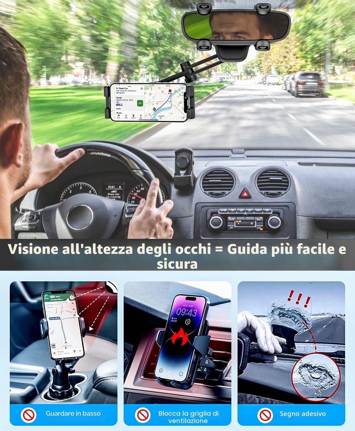 Supporto Tablet Specchietto Retrovisore Auto con Braccio Regolabile